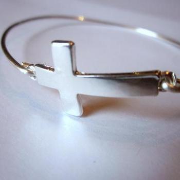 Silver Sideways Cross Bangle Bracelet Silver Charm Cross - Stackable Bangle Bracelet - Bridesmaid Gift