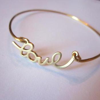 Gold Love Bangle Bracelet Gold Charm Script - Stackable Bangle Charm Bracelet - Bridesmaid Gift - Valentine's Day Jewelry
